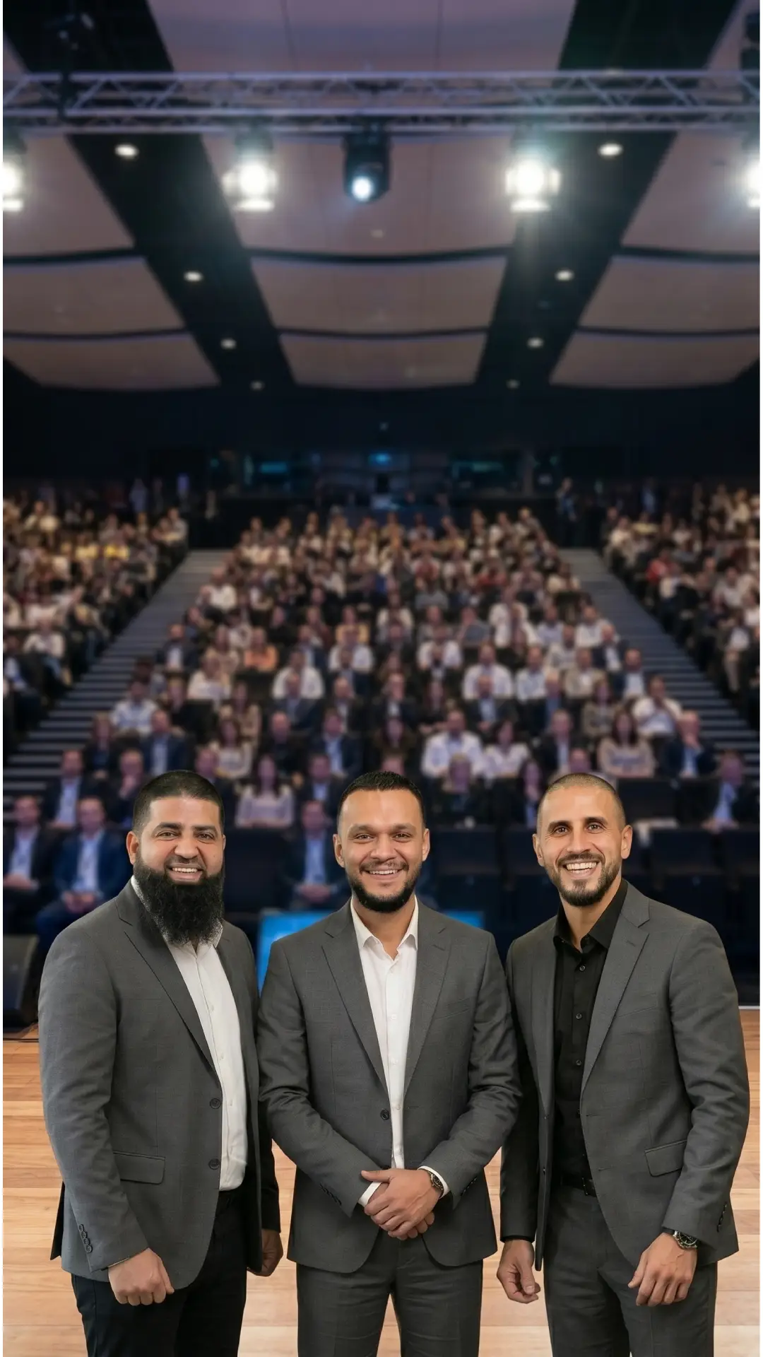The three founding partners of The Board — Ebrahim Ismail, Sam Amin, and Mohamed Al Souk, on stage at a leadership summit